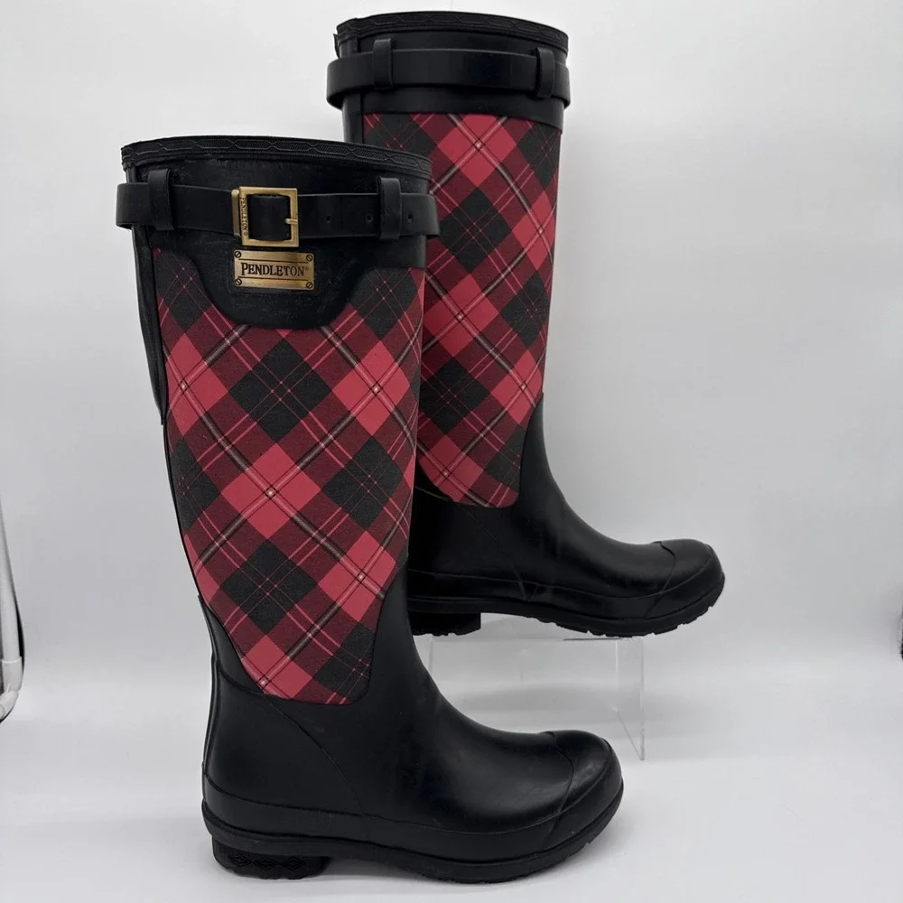 Pendleton Heritage Tall Rubber Rain Boots Red/Black Tartan‎ Women's Sz 8